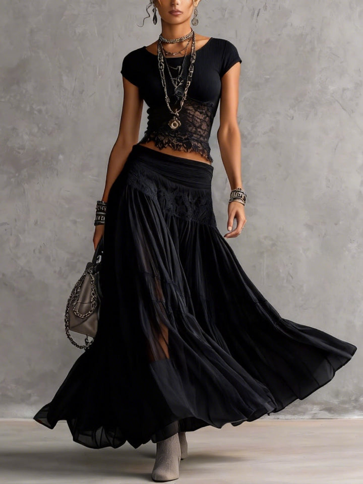 Elegant Black Sheer Lace Top with Pleated Maxi Skirt Set