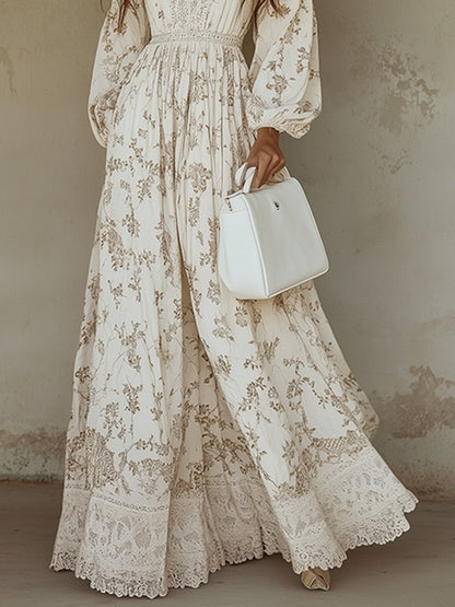 Women's Floral Maxi Dress - V-Neck - Puff Sleeve - Lace Hem - White
