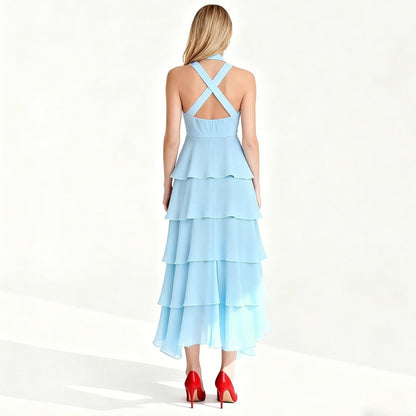 Women's Tiered Halter Cross-Back Wedding Guest Maxi Dress