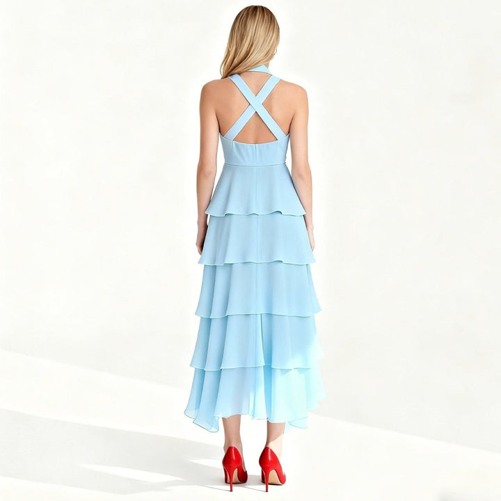 Women's Tiered Halter Cross-Back Wedding Guest Maxi Dress