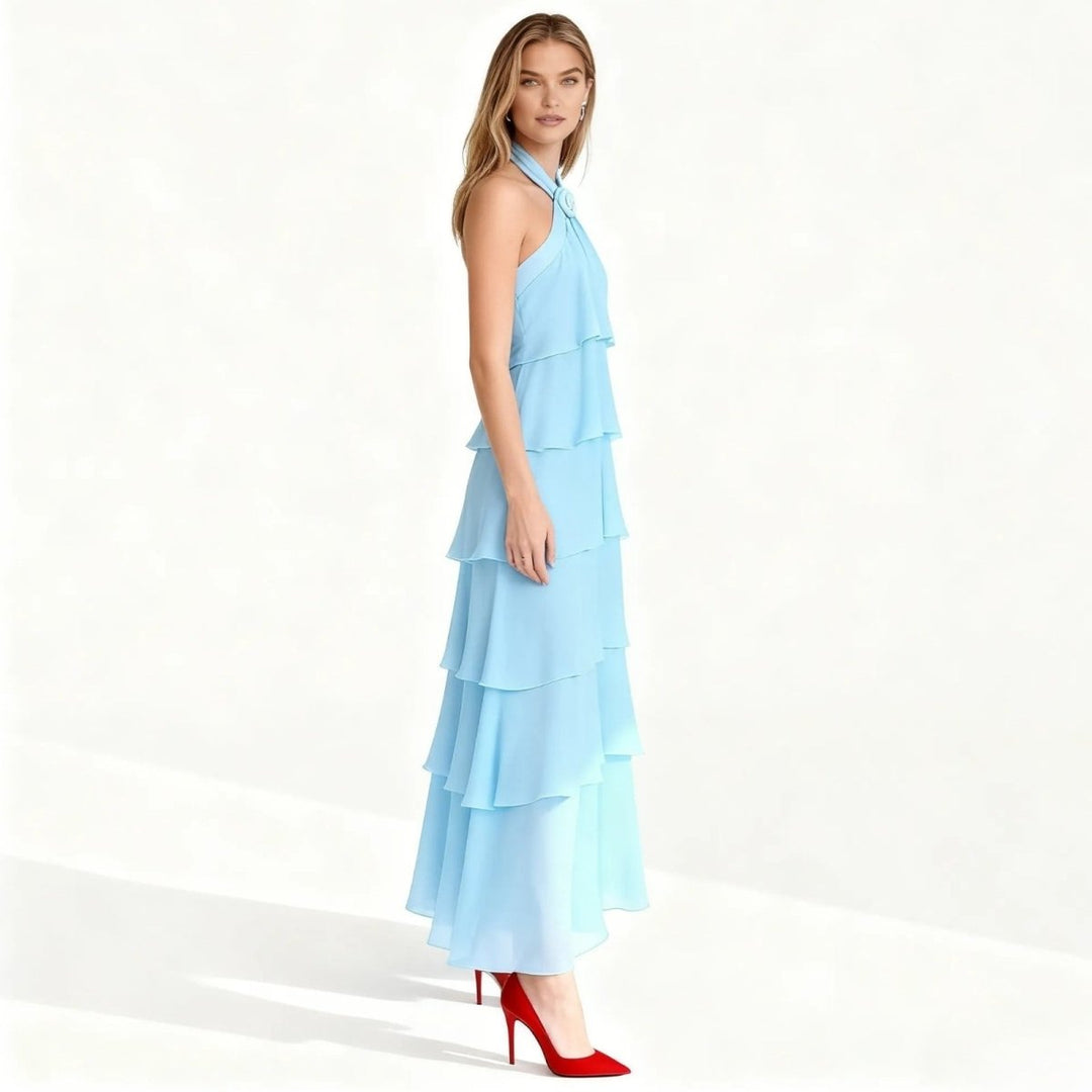 Women's Tiered Halter Cross-Back Wedding Guest Maxi Dress
