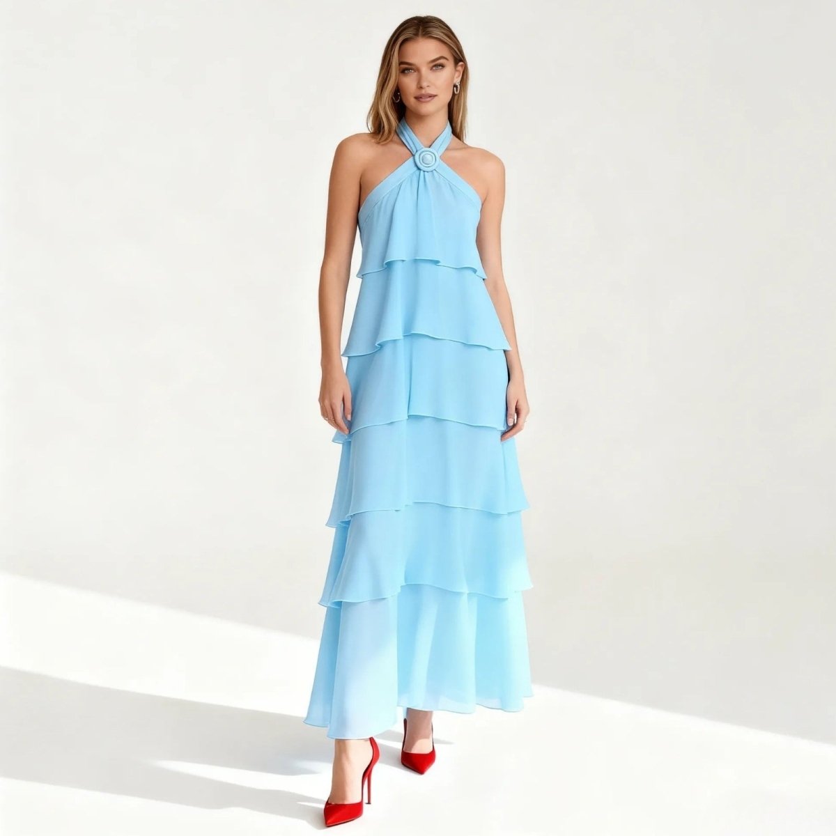 Women's Tiered Halter Cross-Back Wedding Guest Maxi Dress