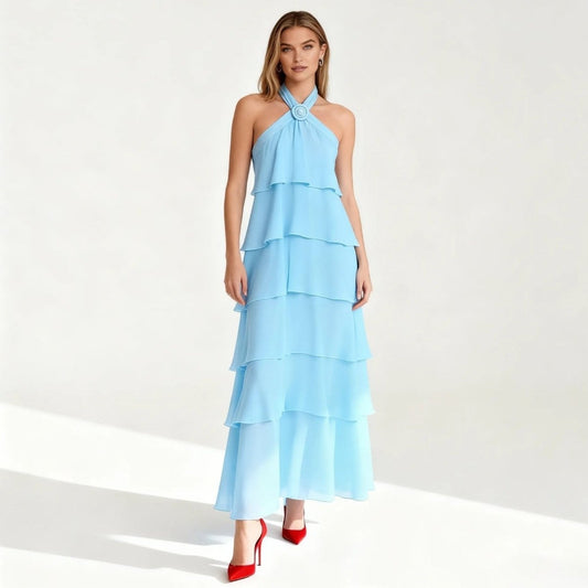 Women's Tiered Halter Cross-Back Wedding Guest Maxi Dress