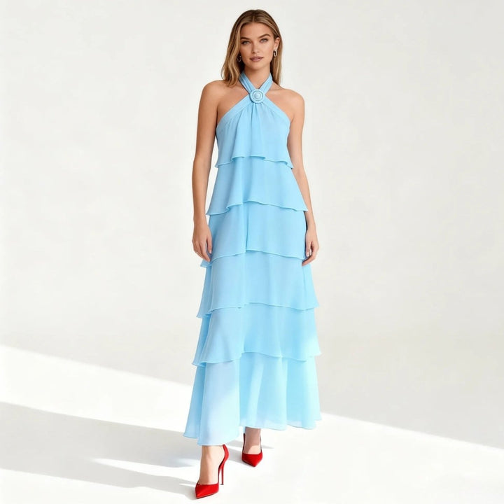 Women's Tiered Halter Cross-Back Wedding Guest Maxi Dress