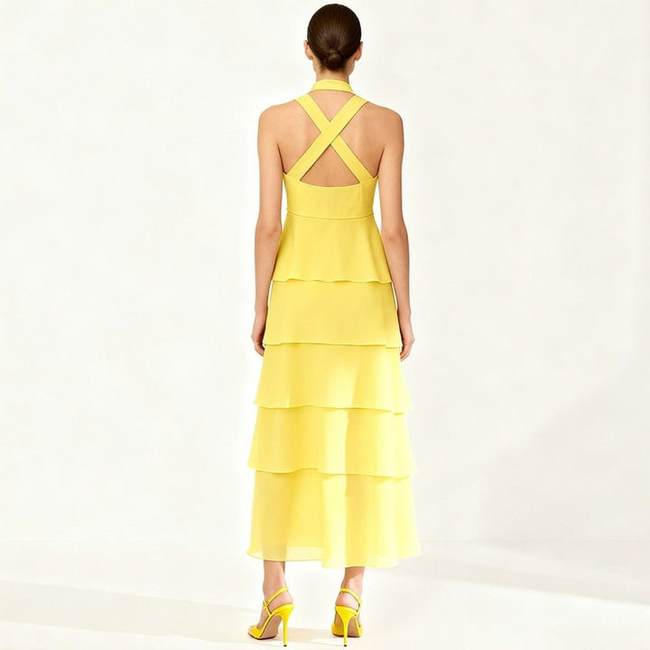Women's Tiered Halter Cross-Back Wedding Guest Maxi Dress