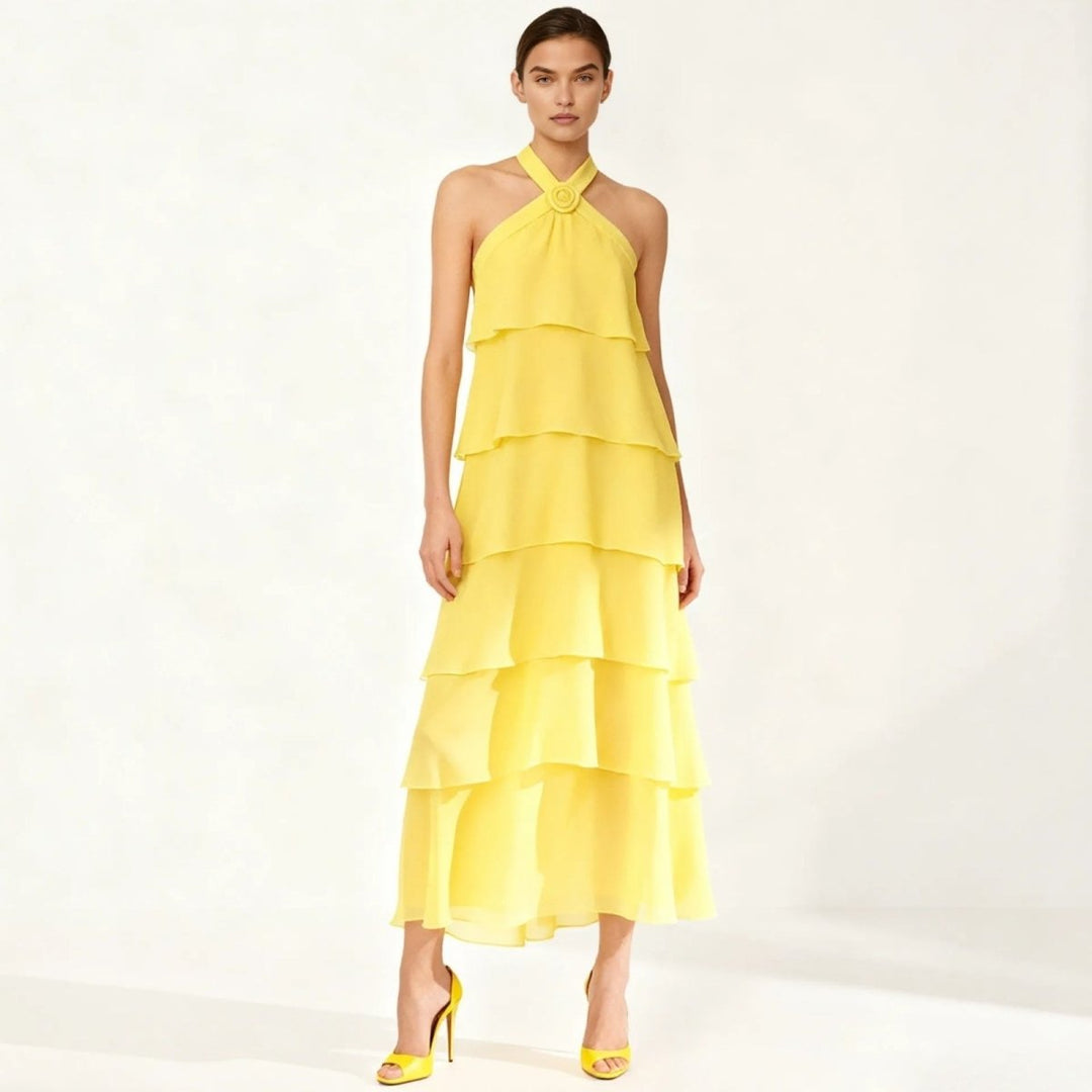 Women's Tiered Halter Cross-Back Wedding Guest Maxi Dress