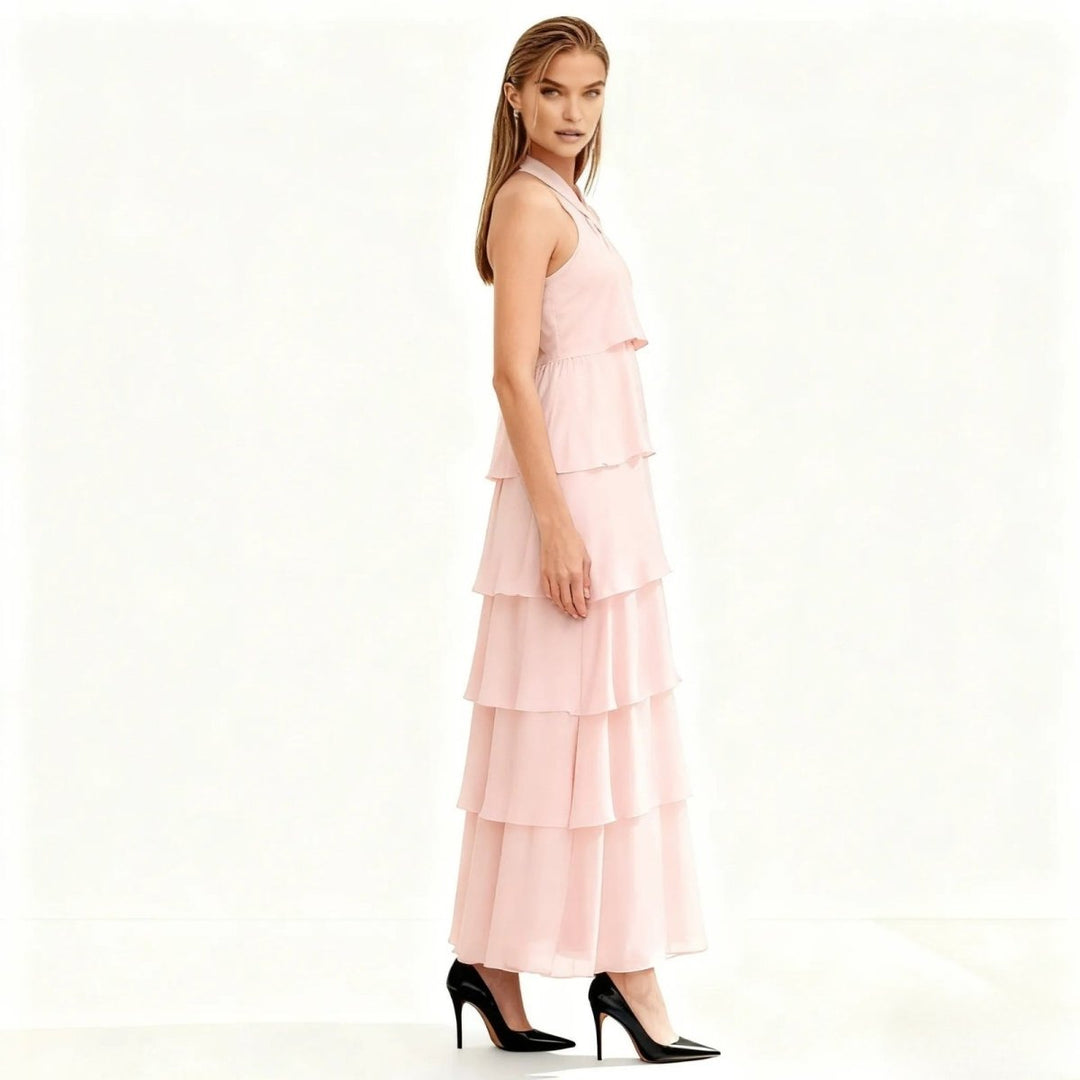 Women's Tiered Halter Cross-Back Wedding Guest Maxi Dress