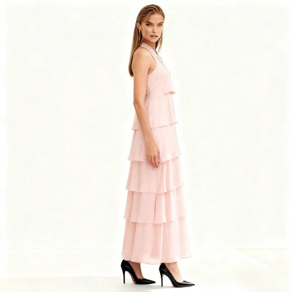 Women's Tiered Halter Cross-Back Wedding Guest Maxi Dress