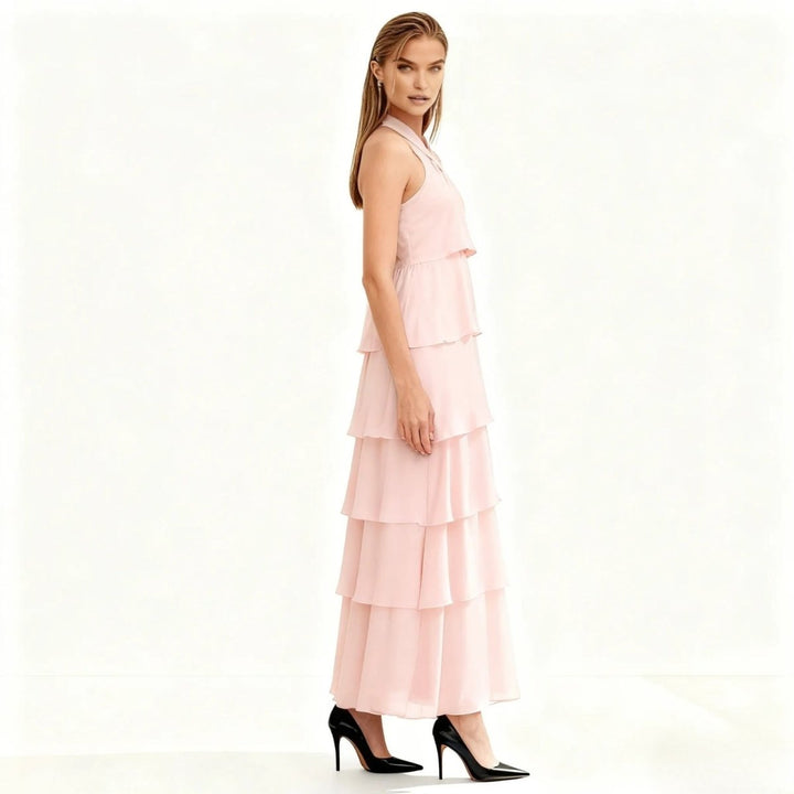 Women's Tiered Halter Cross-Back Wedding Guest Maxi Dress