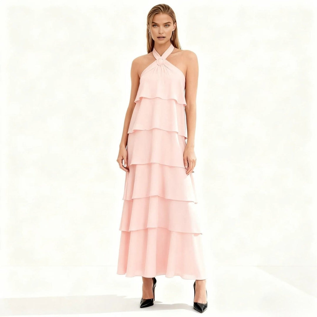 Women's Tiered Halter Cross-Back Wedding Guest Maxi Dress