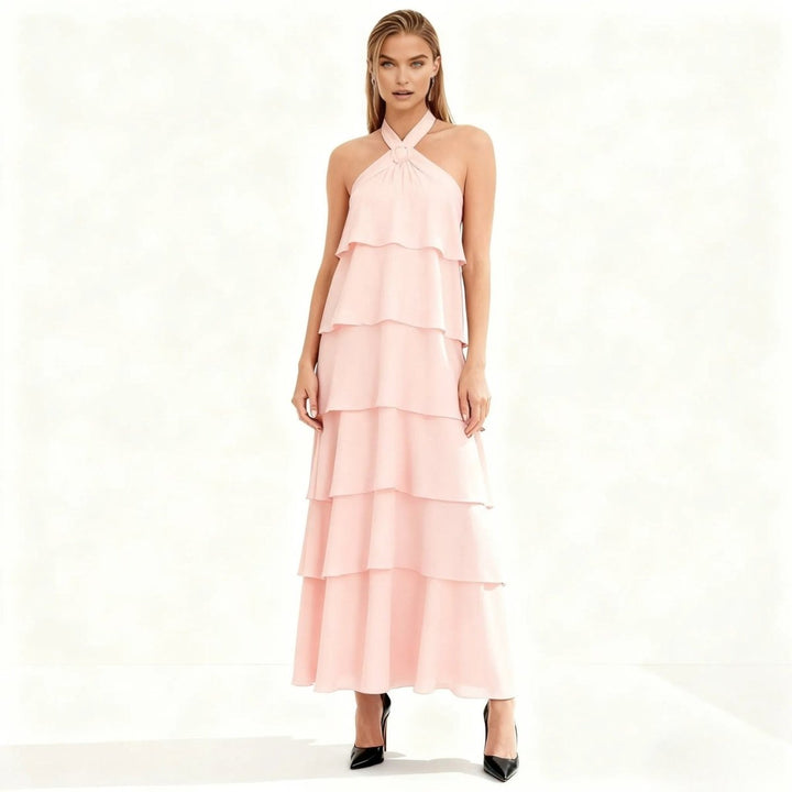 Women's Tiered Halter Cross-Back Wedding Guest Maxi Dress