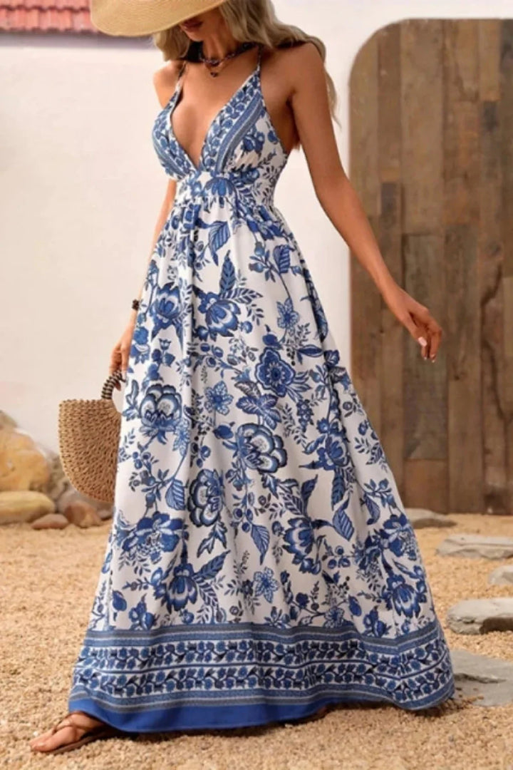 Women's Sleeveless V-Neck Porcelain Print Maxi Dress - Criss-Cross