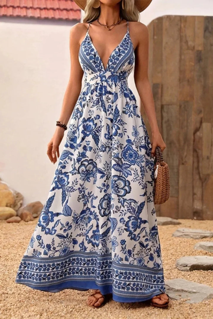 Women's Sleeveless V-Neck Porcelain Print Maxi Dress - Criss-Cross