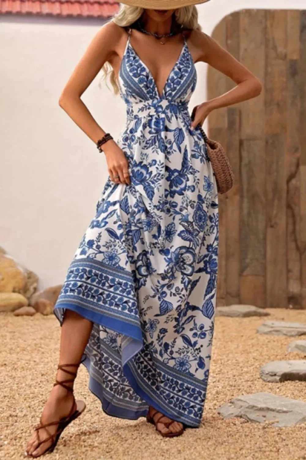 Women's Sleeveless V-Neck Porcelain Print Maxi Dress - Criss-Cross