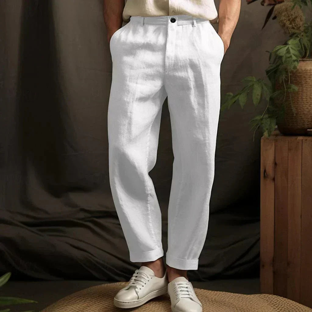 Men's Linen Pants - Pleated Tapered Leg Cuffed Hem Belt Loops
