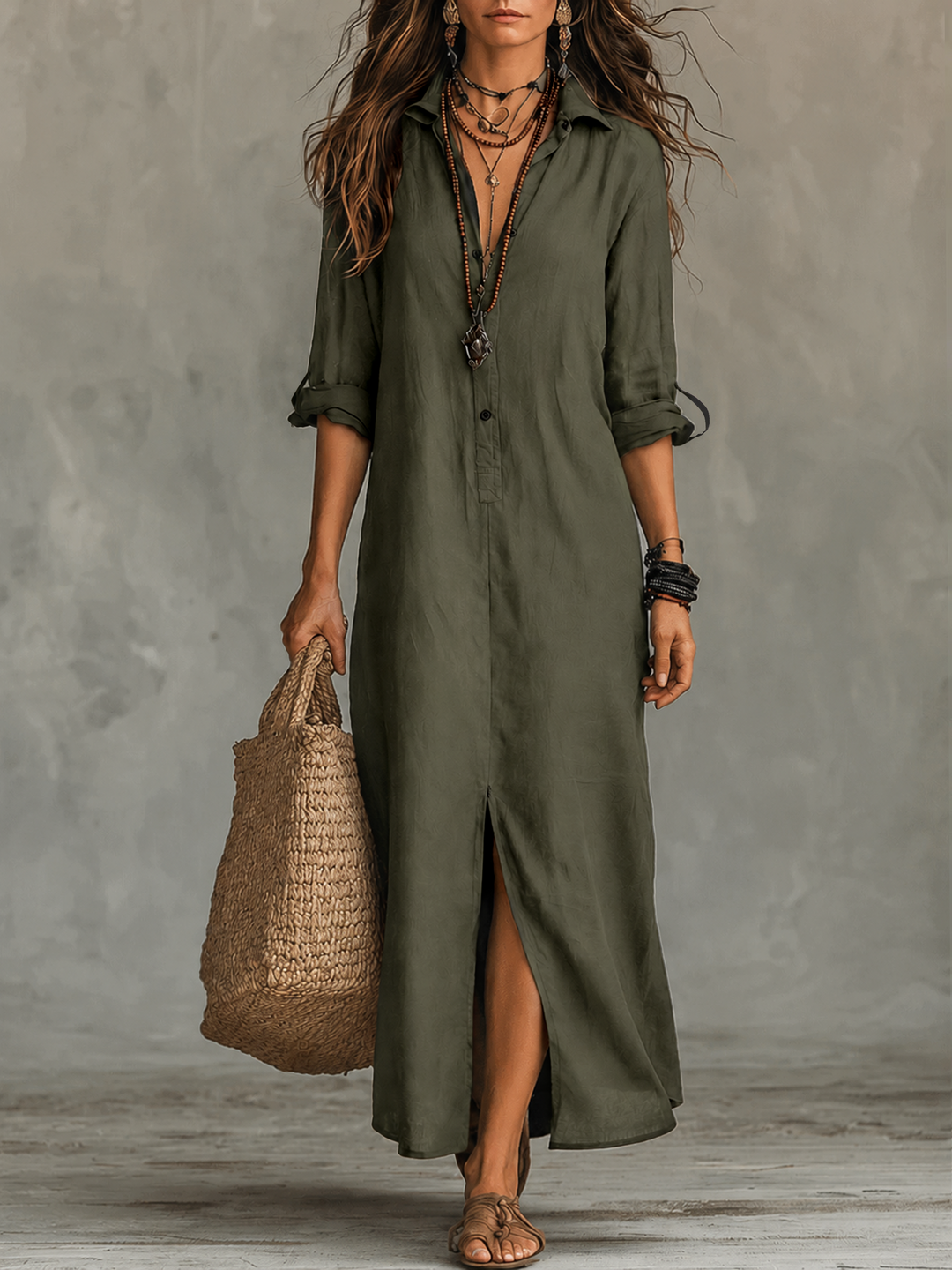 Bohemian Maxi Dress with Black Button-Front Design
