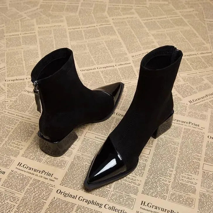 Women's Ankle Boots - Pointed Patent Toe Cap - Block Heel - Back Zip - Stretch Shaft
