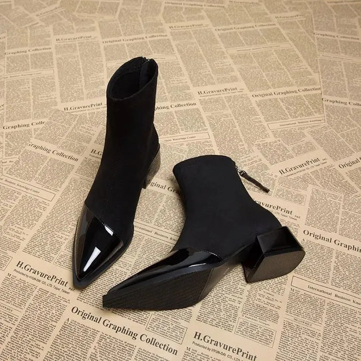 Women's Ankle Boots - Pointed Patent Toe Cap - Block Heel - Back Zip - Stretch Shaft