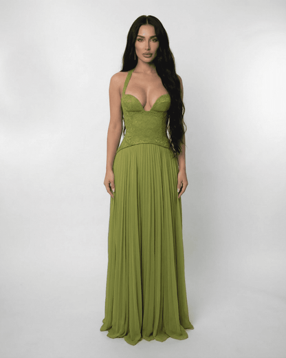 Women's Halter Lace-Up Back Pleated Maxi Dress