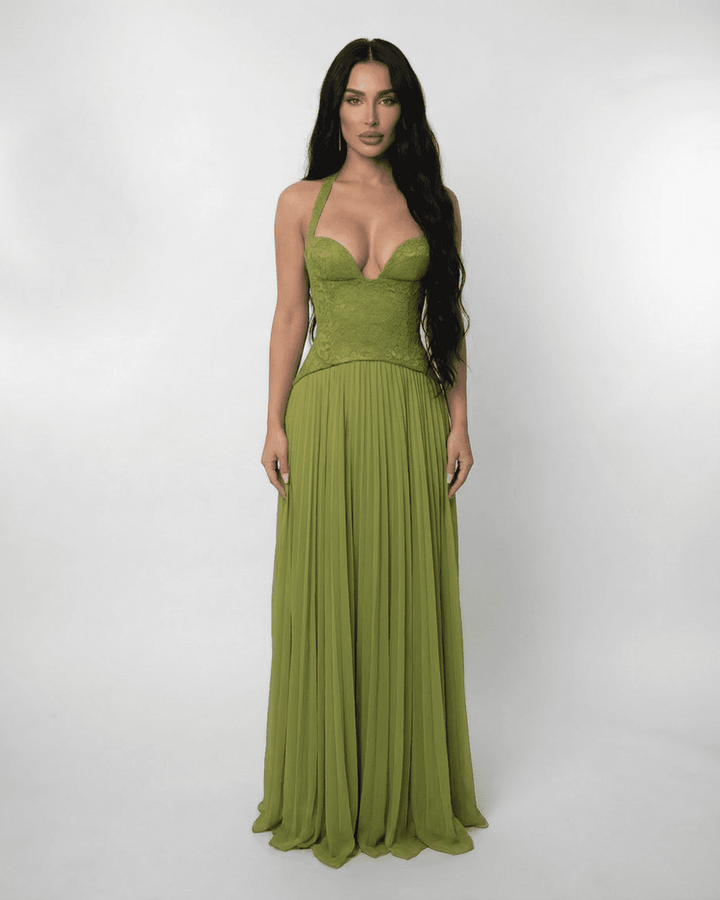 Women's Halter Lace-Up Back Pleated Maxi Dress