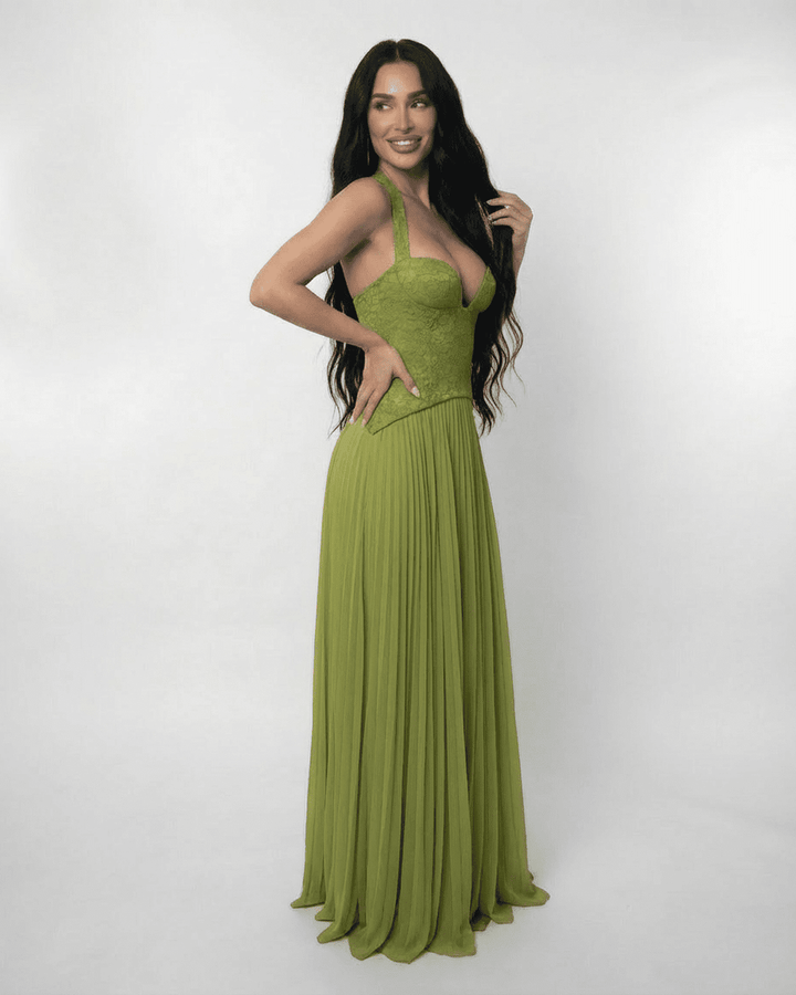 Women's Halter Lace-Up Back Pleated Maxi Dress
