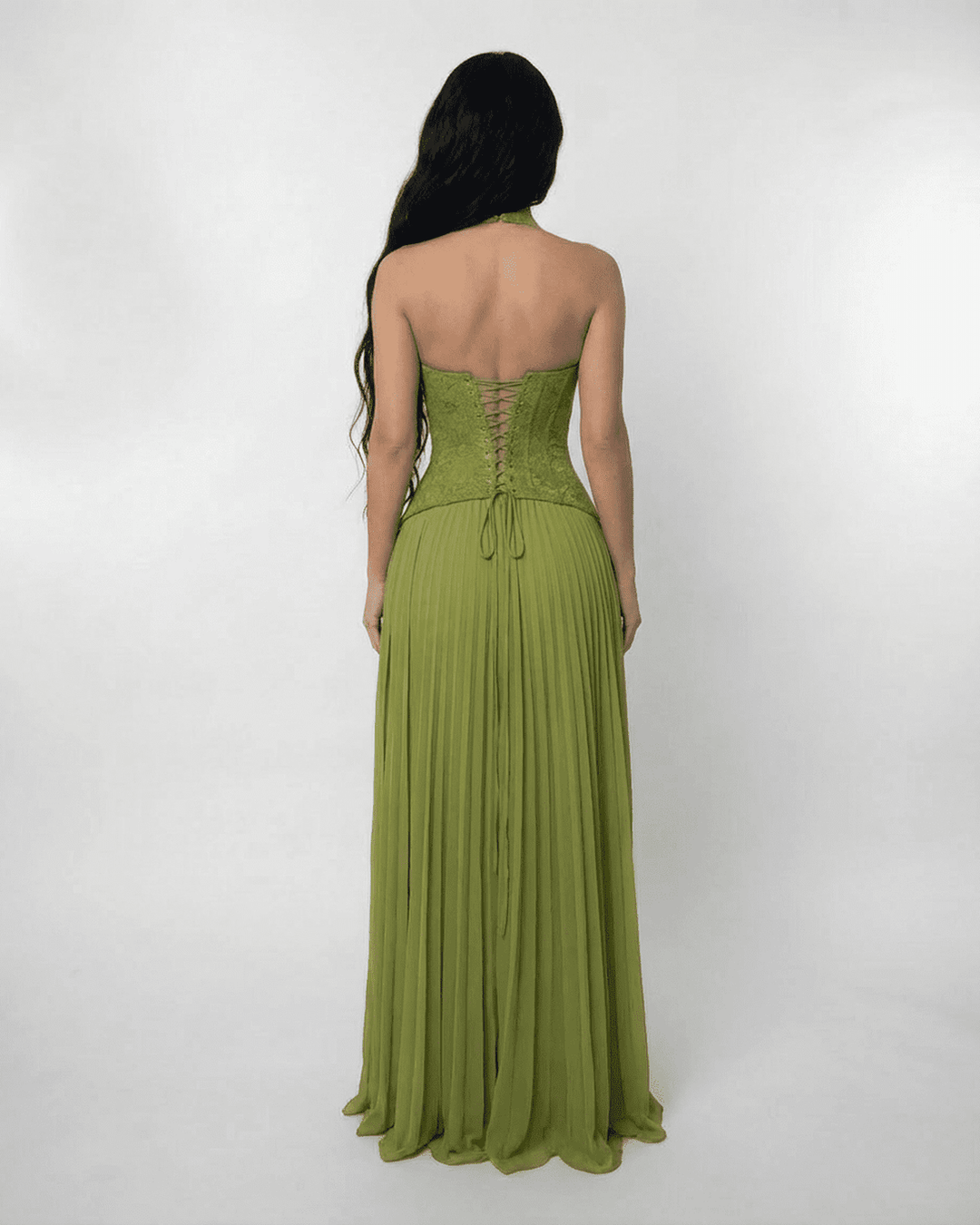 Women's Halter Lace-Up Back Pleated Maxi Dress
