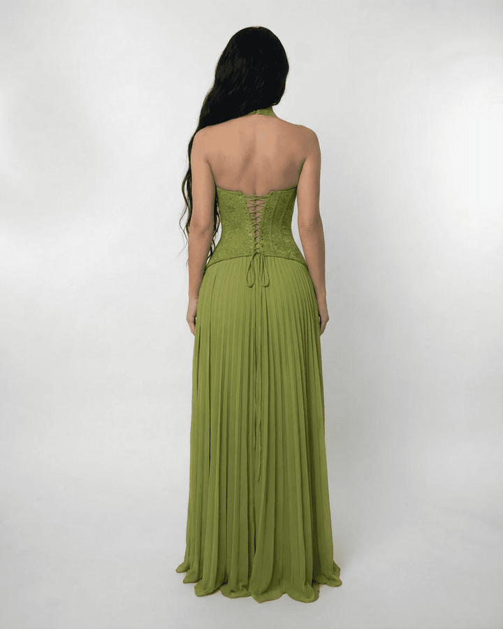 Women's Halter Lace-Up Back Pleated Maxi Dress