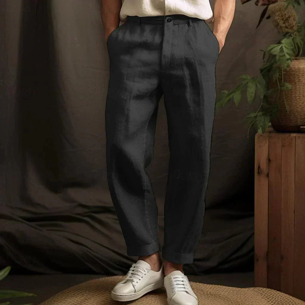 Men's Linen Pants - Pleated Tapered Leg Cuffed Hem Belt Loops