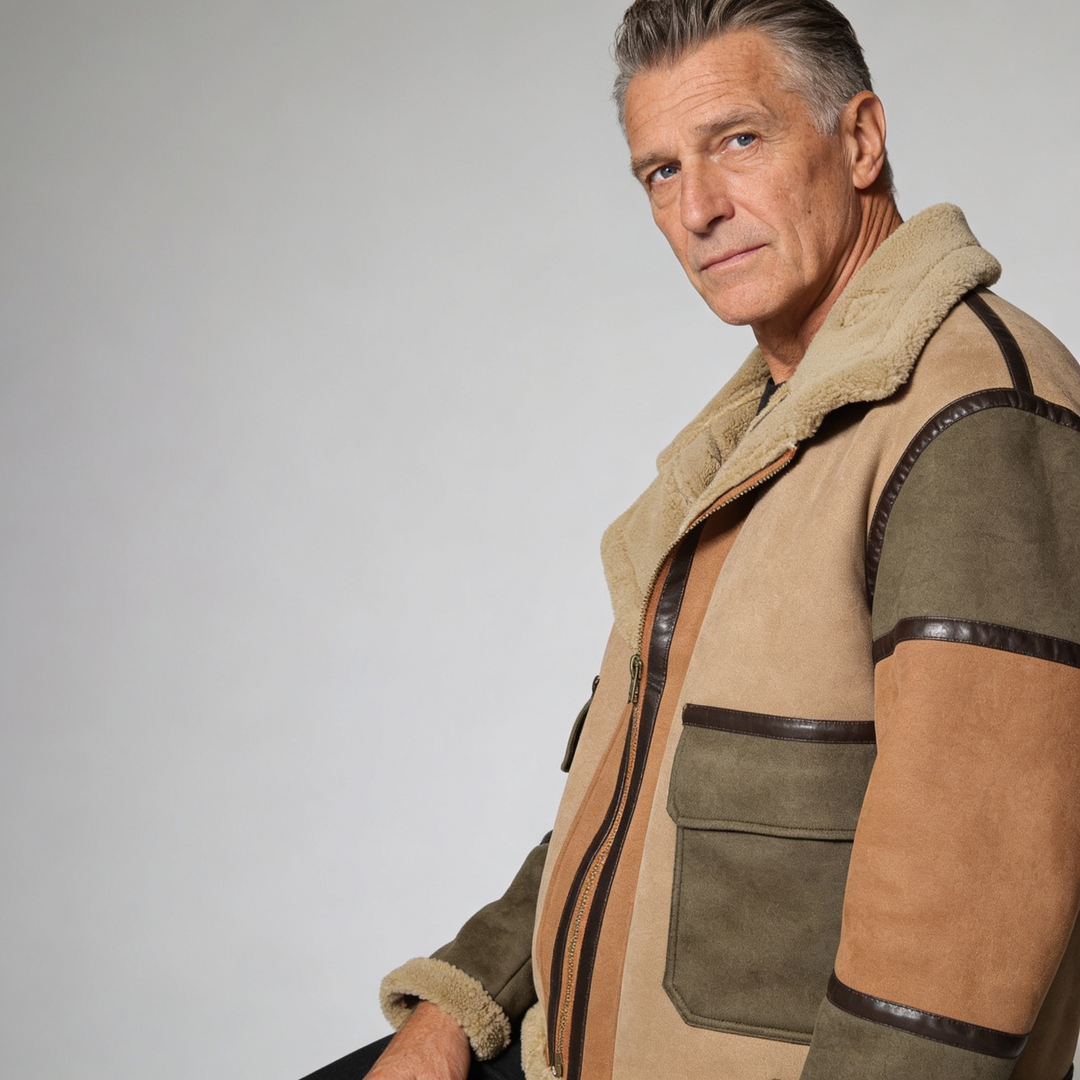 Men’s Shearling Jacket – Relaxed Fit Color Block Zip Front Coat with Patch Pockets