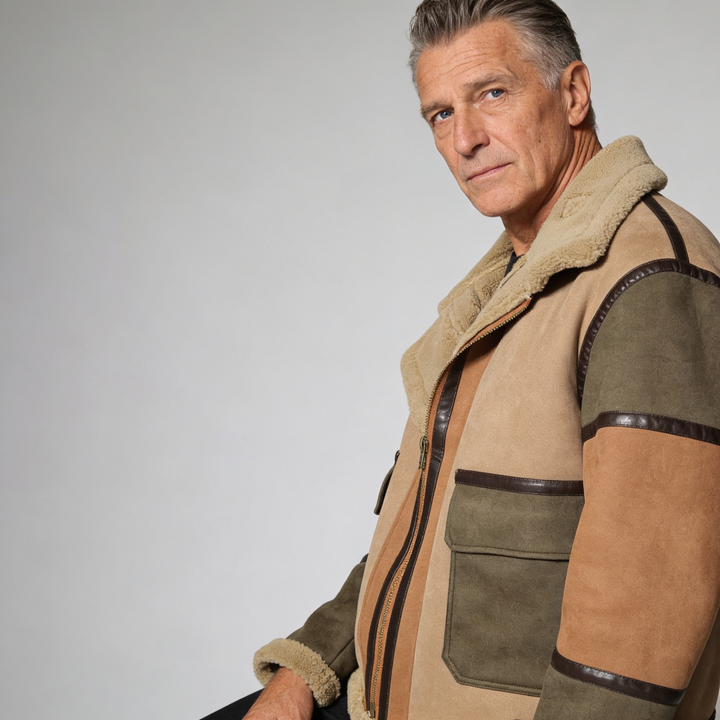 Men’s Shearling Jacket – Relaxed Fit Color Block Zip Front Coat with Patch Pockets