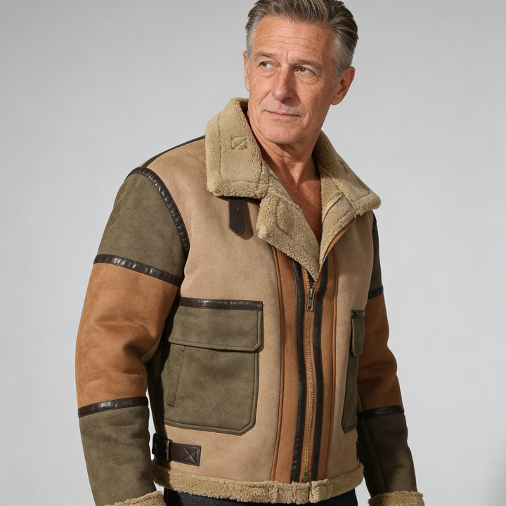 Men’s Shearling Jacket – Relaxed Fit Color Block Zip Front Coat with Patch Pockets