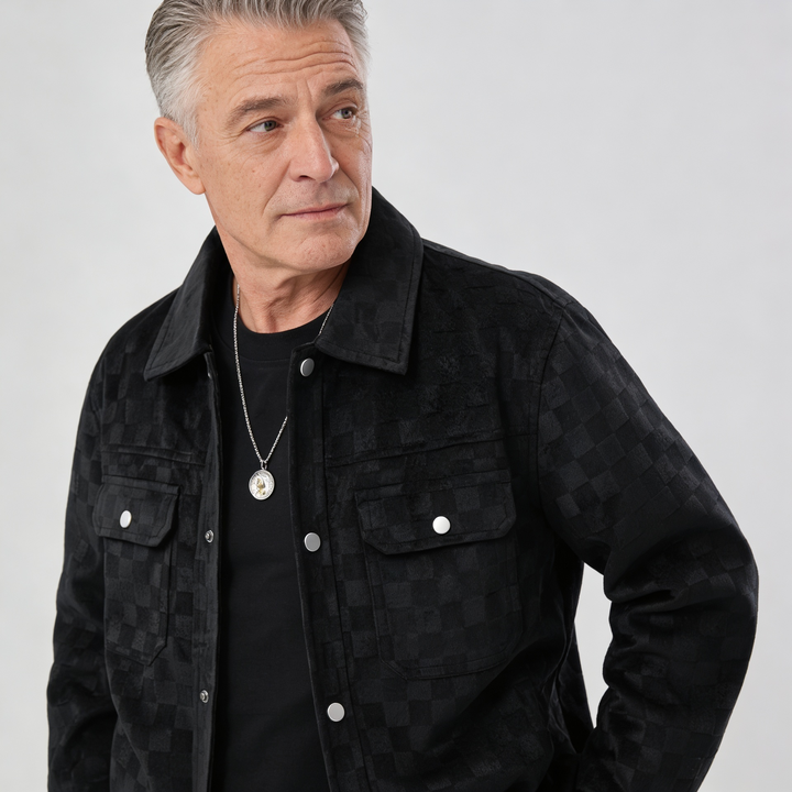 Men’s Check Pattern Jacket – Button Front Collared Shirt Jacket with Flap Chest Pockets