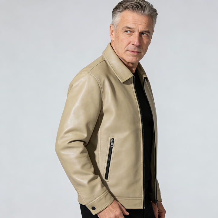 Men’s Faux Leather Collared Zip Jacket – Structured Classic Fit