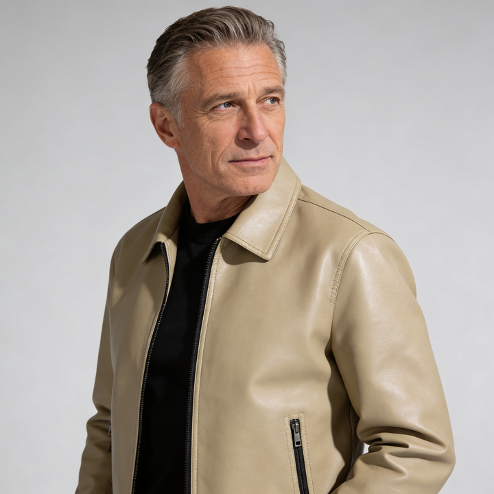 Men’s Faux Leather Collared Zip Jacket – Structured Classic Fit