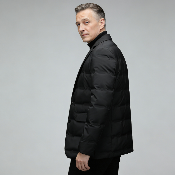 Men's Down Puffy Jacket - Notch Lapel Blazer Style - Two-Button Front - Quilted Puffer - Smart Casual Coat