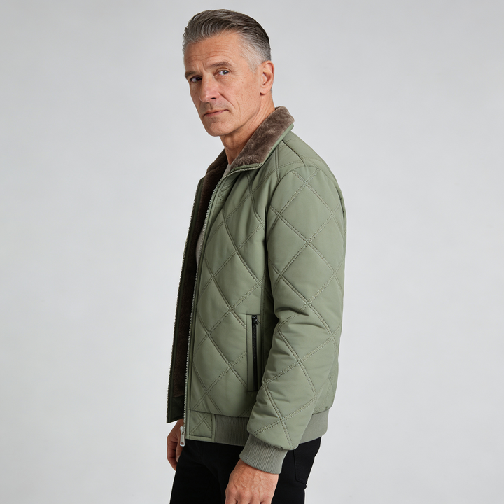 Men's Quilted Zip-Up Jacket with Stand Collar - Fleece Lined - Zip Pockets - Winter Style