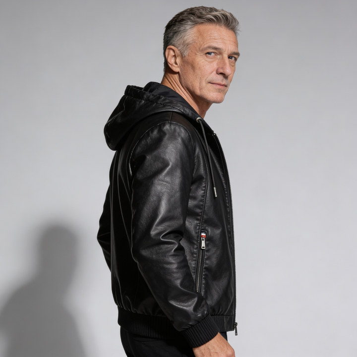 Men's Bomber Jacket - Hooded Biker Style with Multi-Zip Pocket Detail