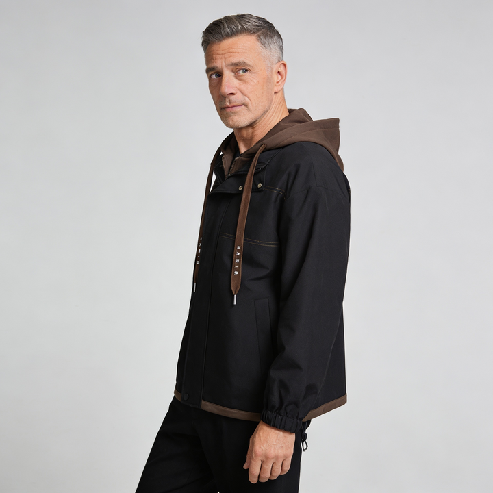 Men’s Oversized Hooded Jacket – Layered Zip Front Coat with Drawstring Hem and Front Pockets