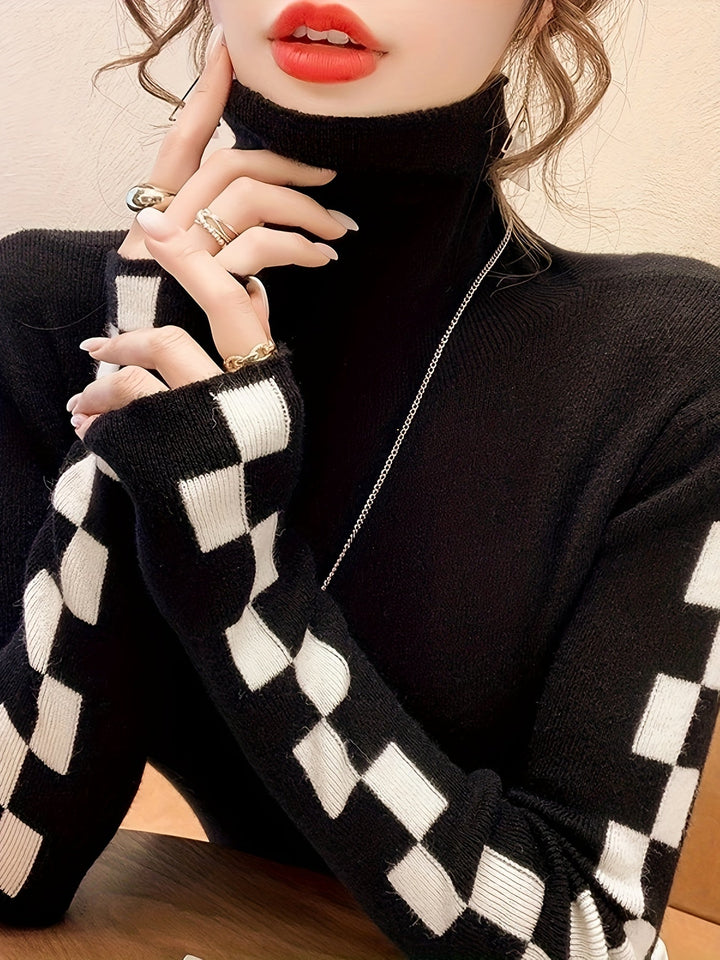 Check Sleeve High-Neck Sweater