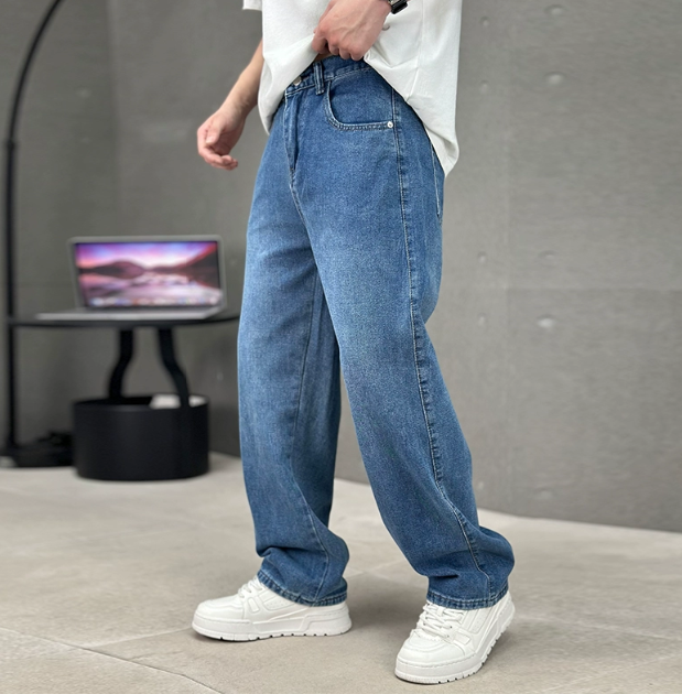 Men's Baggy Wide Leg Denim Jeans - Straight Full Length Cut