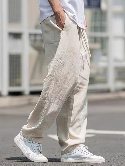 Men's Linen Pants - Elasticated Drawstring Waist Wide Leg