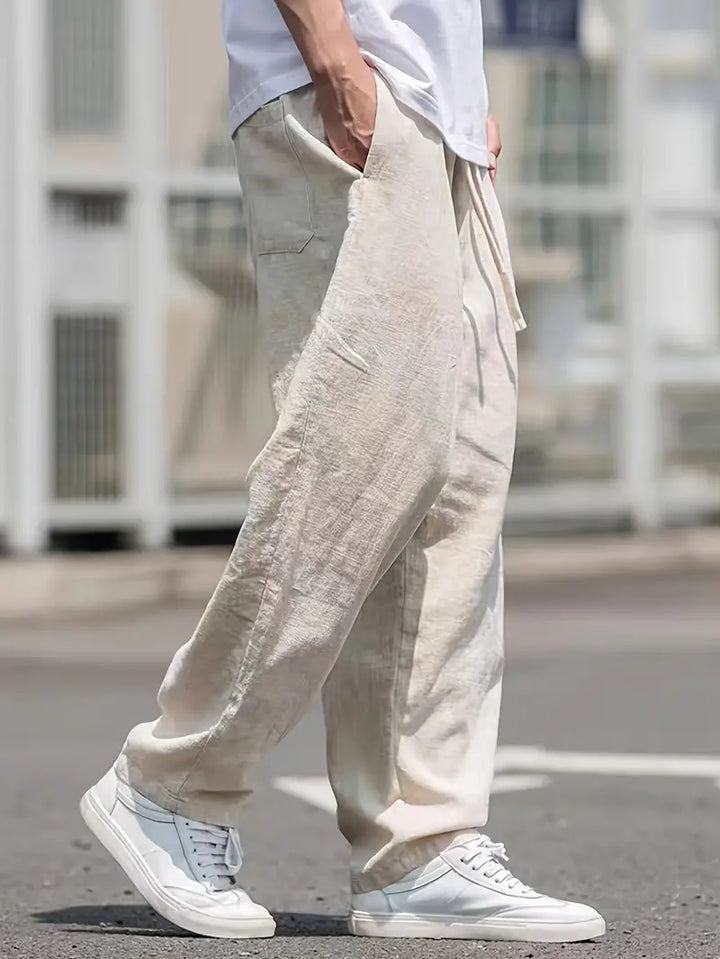 Men's Linen Pants - Elasticated Drawstring Waist Wide Leg