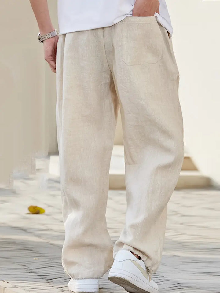 Men's Linen Pants - Elasticated Drawstring Waist Wide Leg