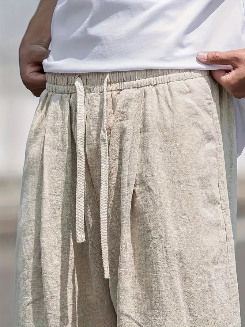 Men's Linen Pants - Elasticated Drawstring Waist Wide Leg