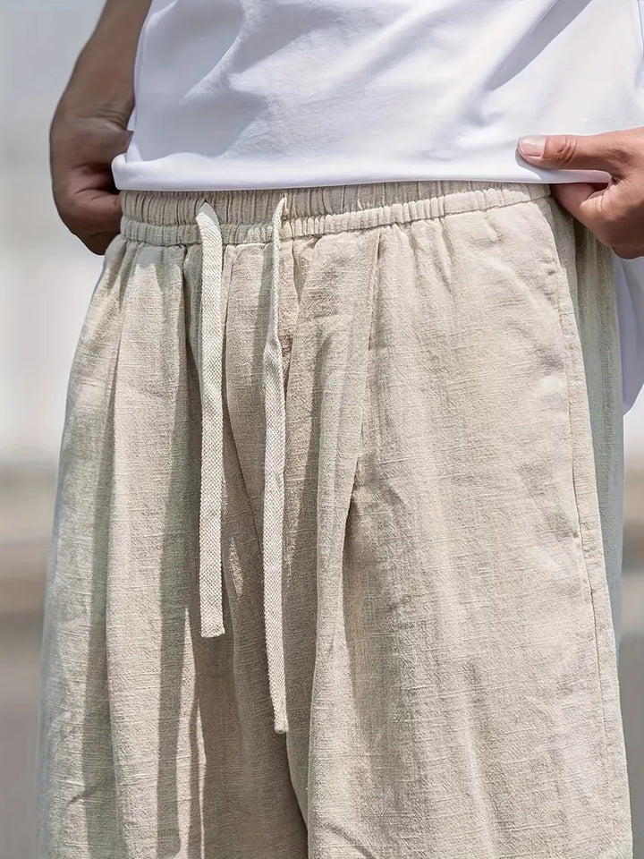 Men's Linen Pants - Elasticated Drawstring Waist Wide Leg