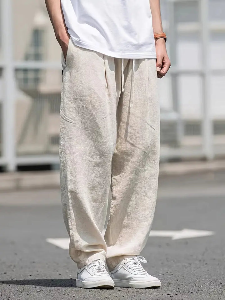 Men's Linen Pants - Elasticated Drawstring Waist Wide Leg