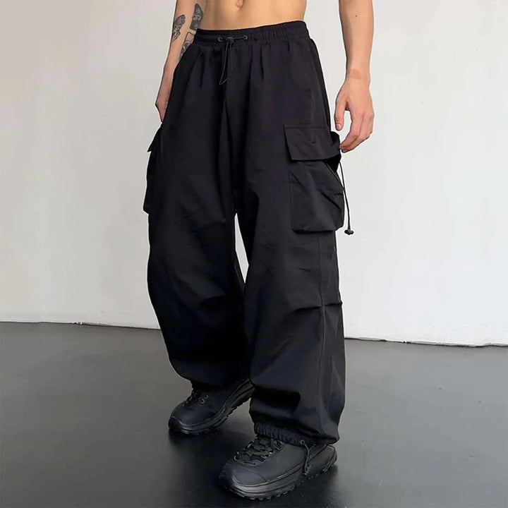 Men's Cargo Pants - Baggy Wide Leg with Drawstring Waist and Multi-Pocket Detail