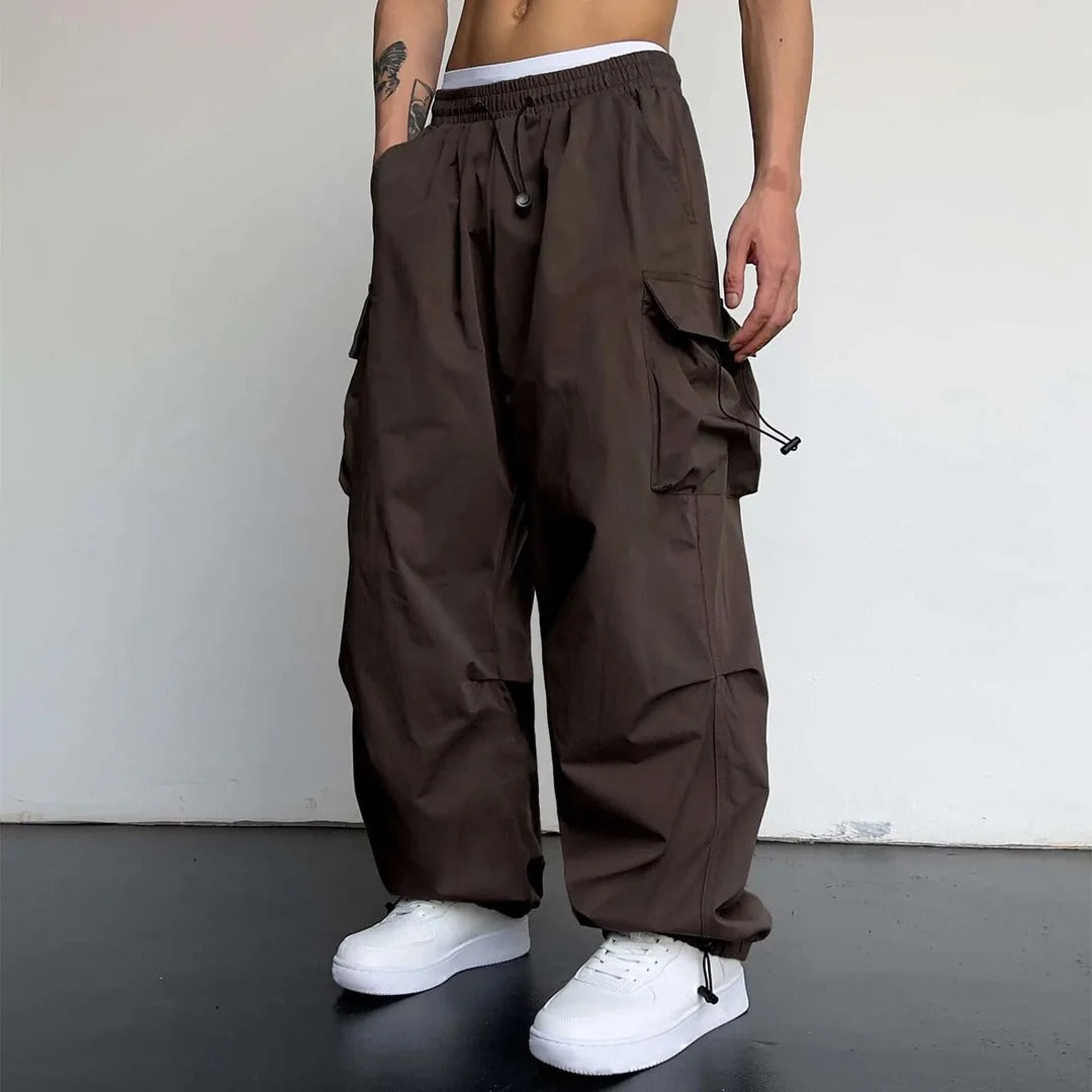Men's Cargo Pants - Baggy Wide Leg with Drawstring Waist and Multi-Pocket Detail