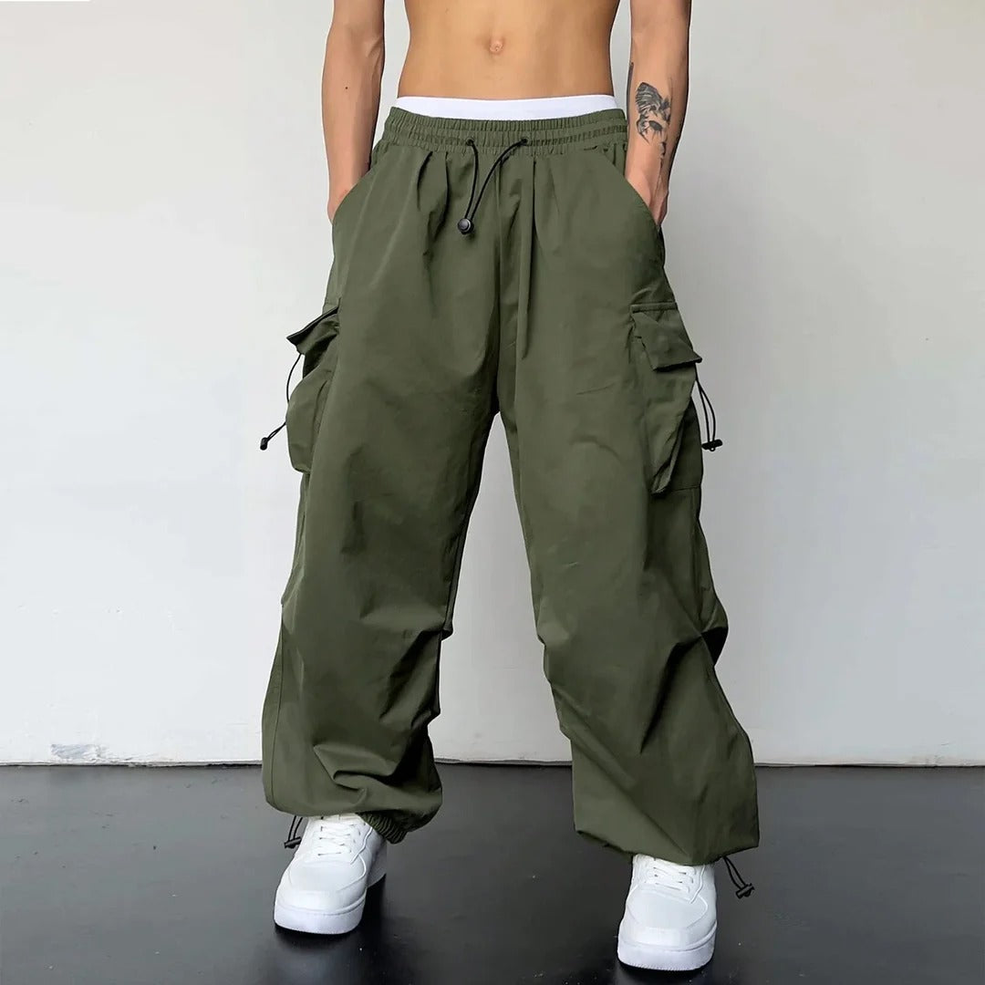 Men's Cargo Pants - Baggy Wide Leg with Drawstring Waist and Multi-Pocket Detail