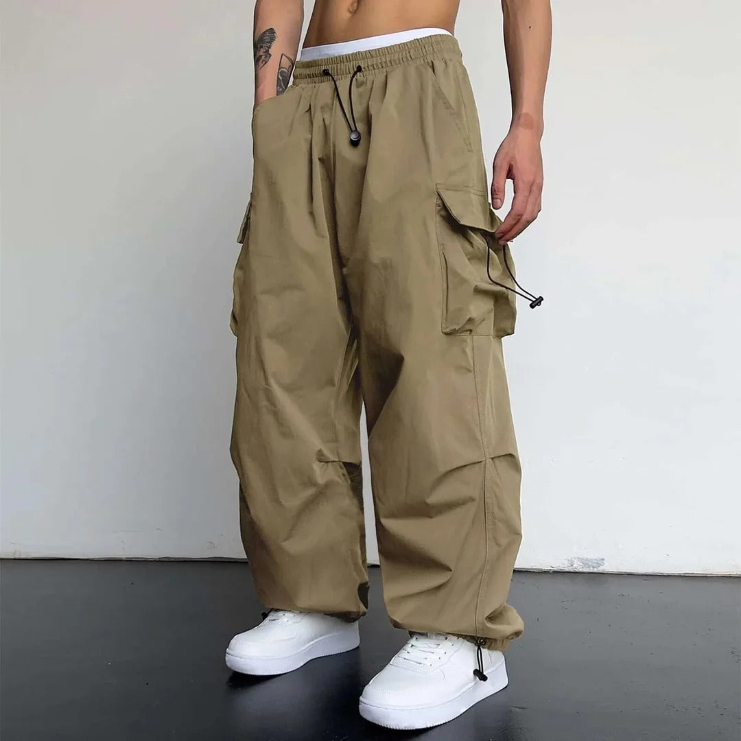 Men's Cargo Pants - Baggy Wide Leg with Drawstring Waist and Multi-Pocket Detail